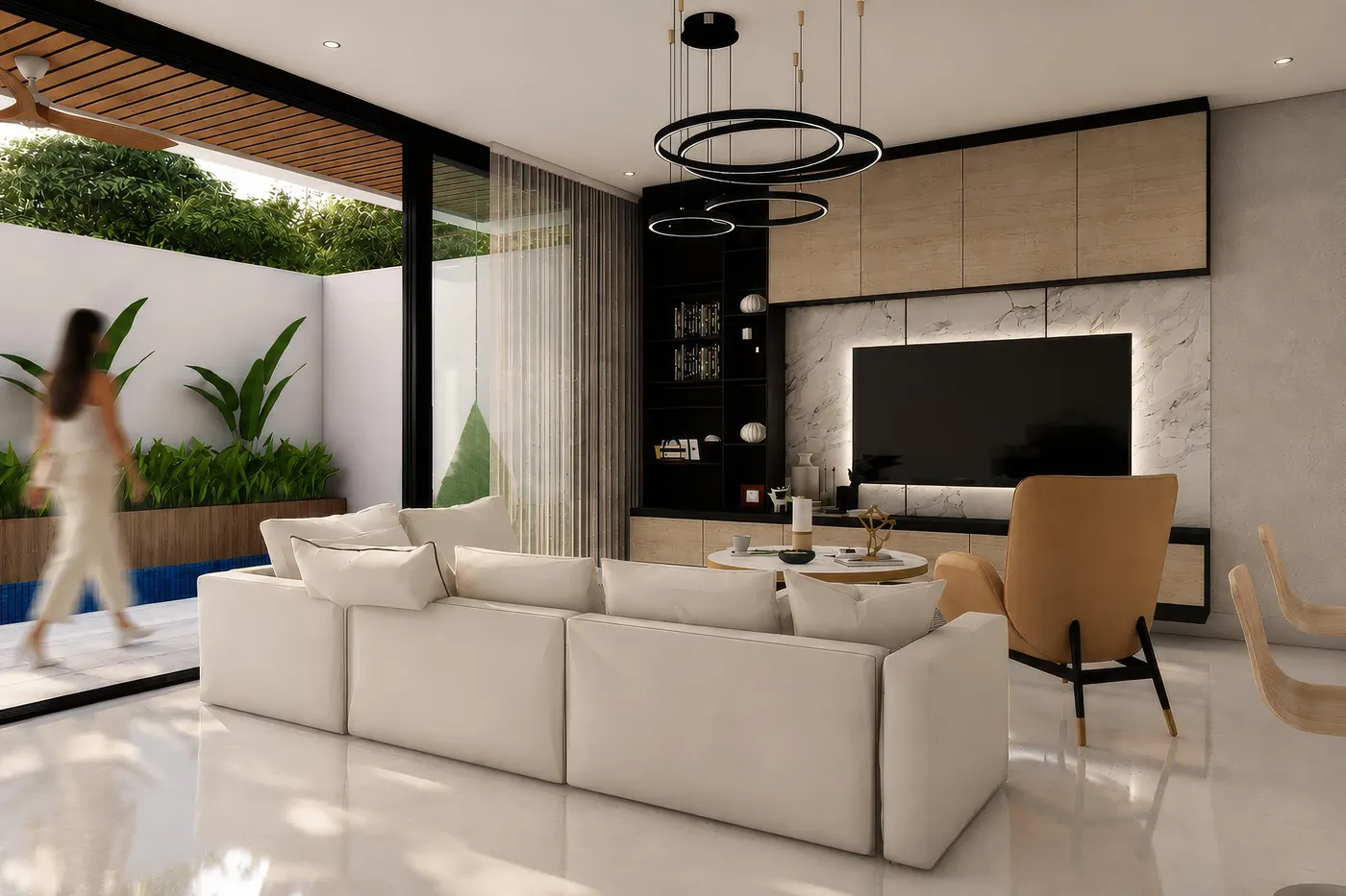 Sala con muebles blancos